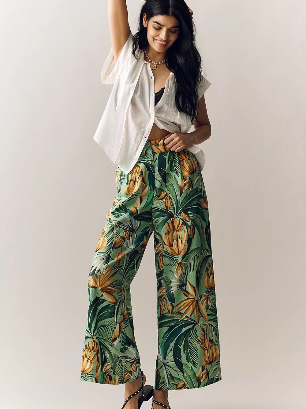 FARM Rio •Anthropologie Palm Fruit Print Wide Leg Palazzo Pants Size XL